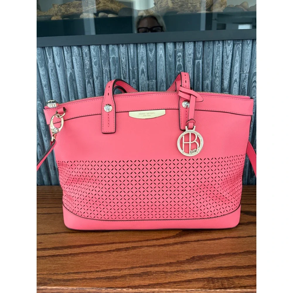 Henri Bendel West 57th Perforated Satchel and Wallet Set Coral Pink Saffiano